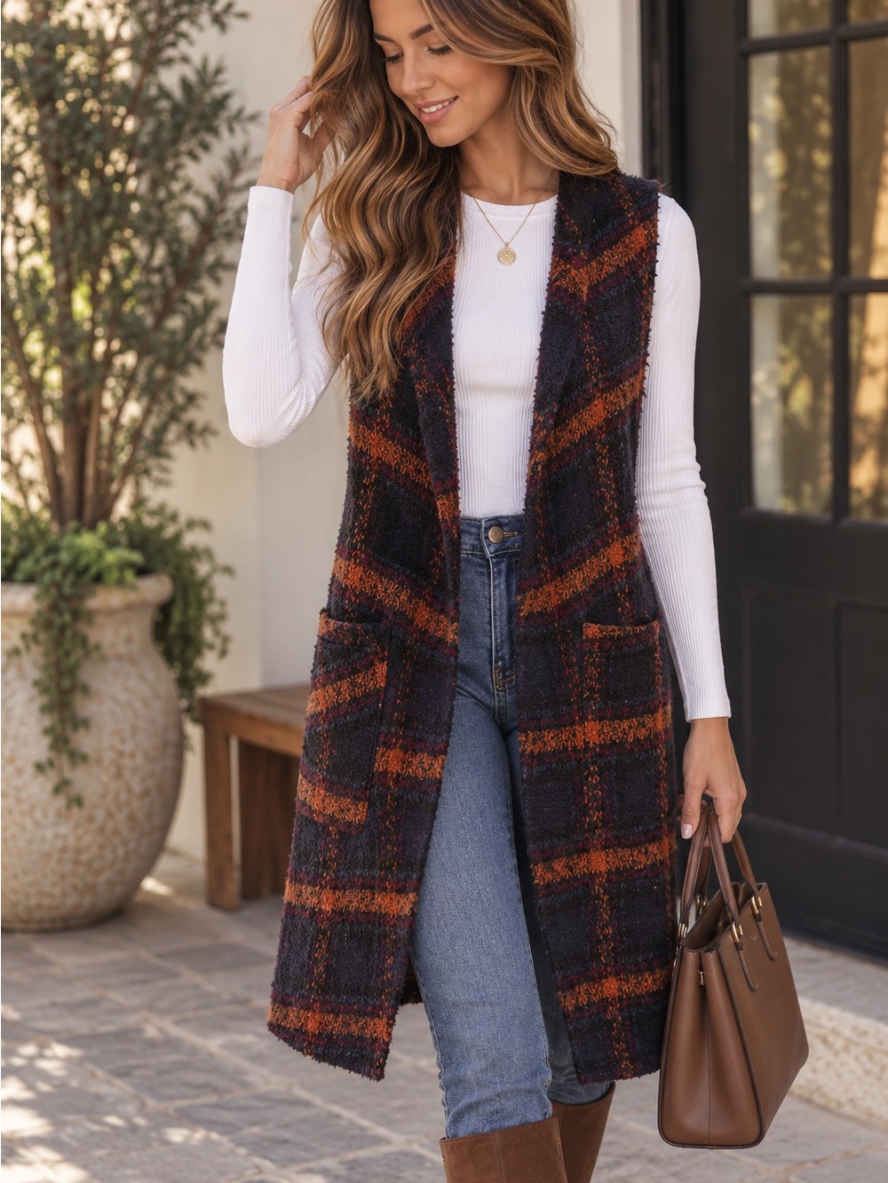 BCBGeneration Plaid Long Vest in Navy & Rust